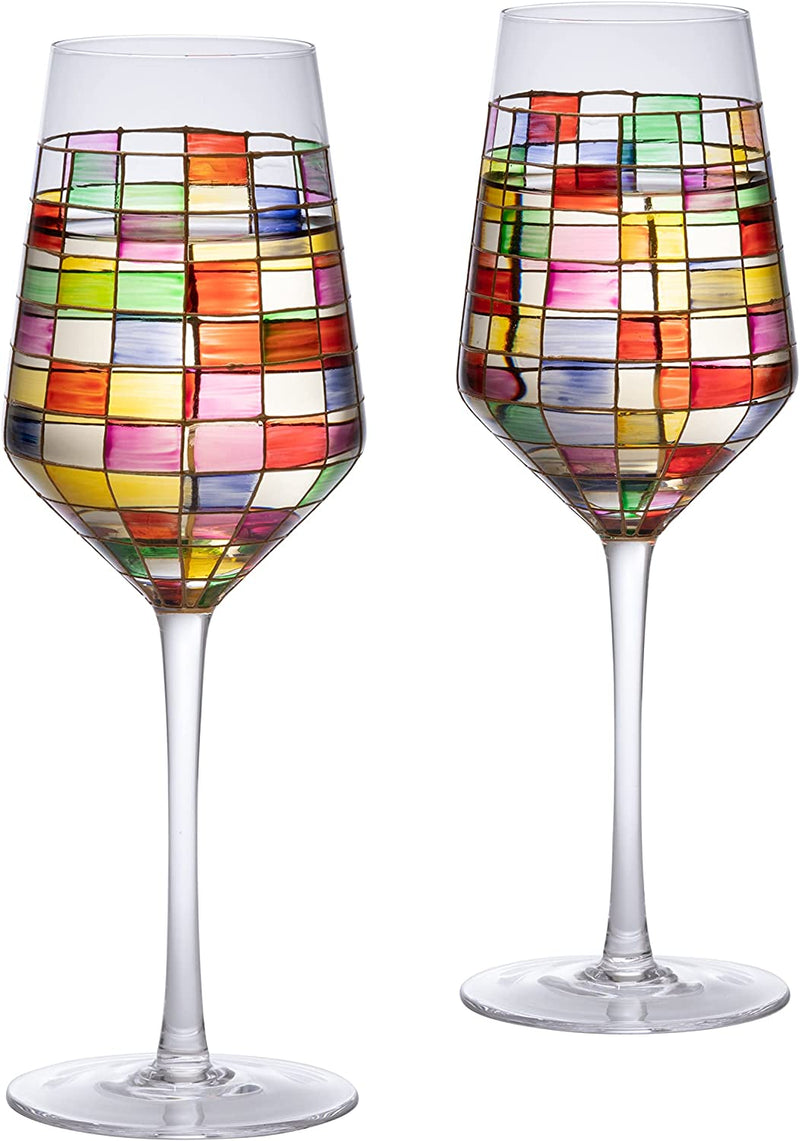 Renaissance Stained Glass Rainbow Stemmed Wine Glasses - Set of 2 - 12oz