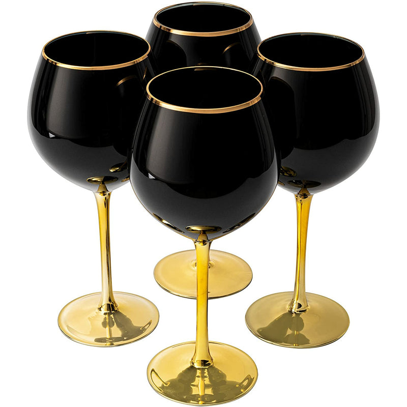 The Wine Savant Set of 4 Black Wine Glasses Gold Stemmed 14 oz Gold Rim Wine Glasses, Black Colored Wine Glasses Luxury Wine Glassware Wine Tasting, Wedding Gift, Anniversary, Birthday