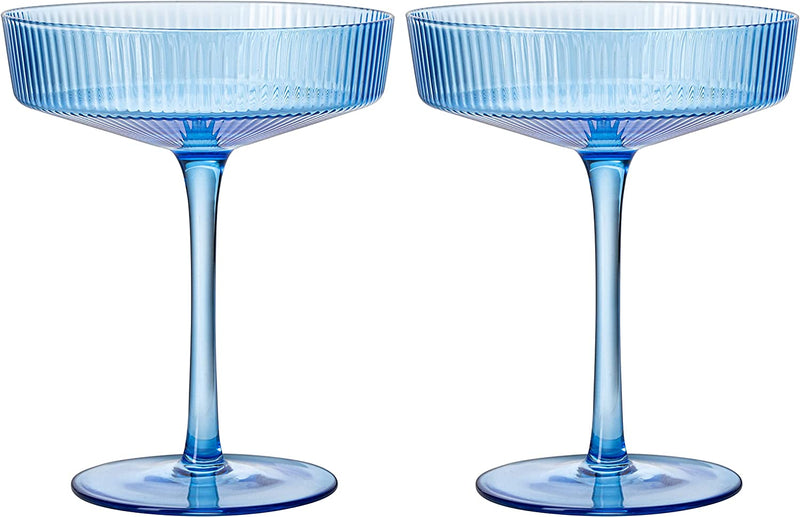Ribbed Coupe Cocktail Glasses 8 oz | Set of 2 | Classic Manhattan Glasses For Cocktails, Champagne Coupe, Ripple Coupe Glasses, Art Deco Gatsby Vintage, Crystal with Stems (Blue, Set of 2)