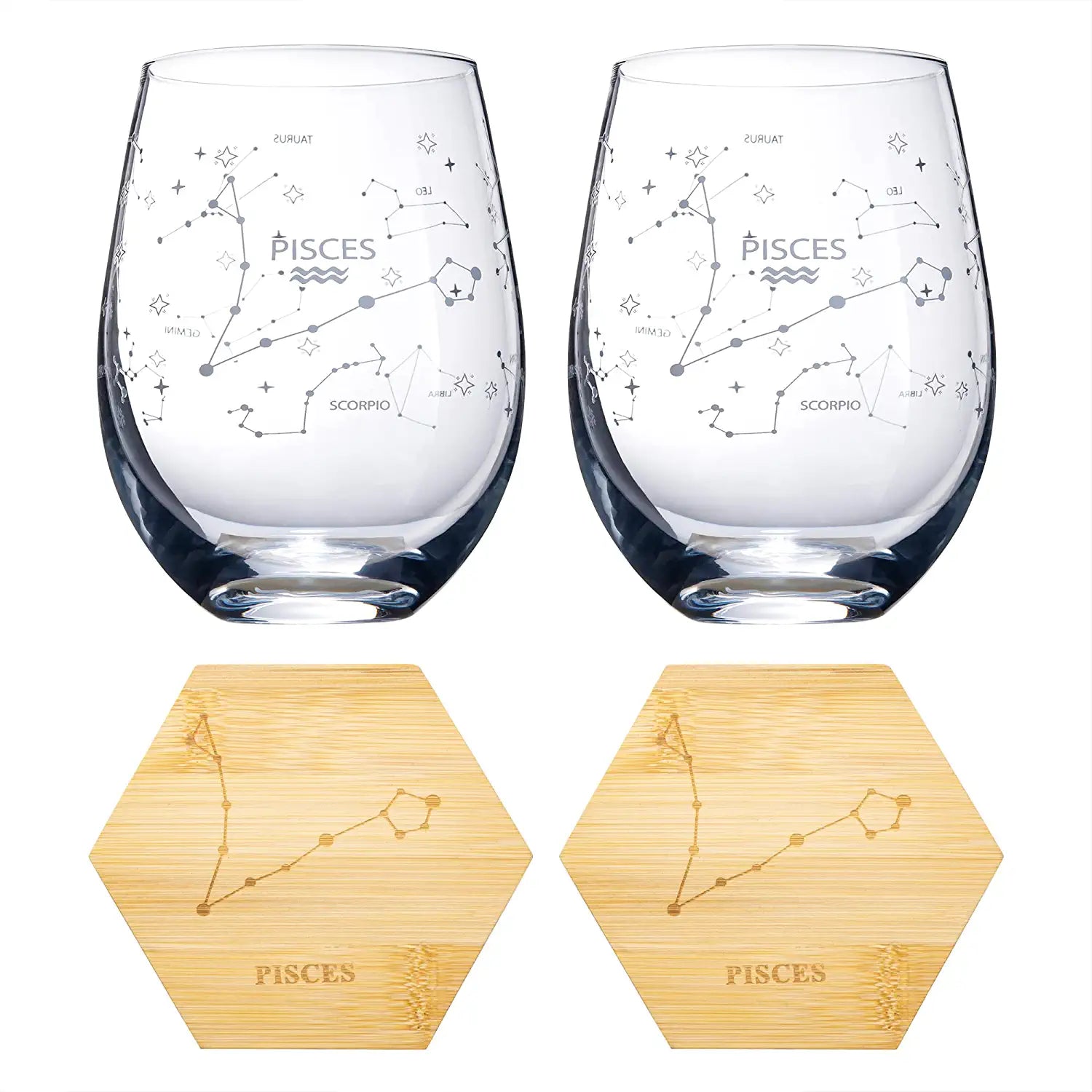 Set of 2 Zodiac Sign Wine Glasses with 2 Wooden Coasters by The Wine S –  The Wine Savant