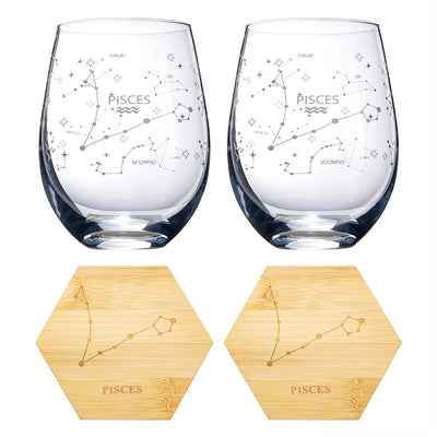 Set of 2 Zodiac Sign Wine Glasses with 2 Wooden Coasters by The Wine Savant - Astrology Drinking Glass Set with Etched Constellation Tumblers for Juice, Water Home Bar Horoscope Gifts 18oz (Pisces)