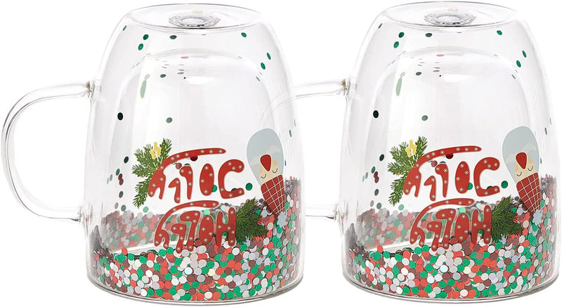 Set of 2 Holly Jolly Christmas Design Tumbler Mugs - Confetti Filled 9.5 oz Decorated Christmas Glass - Perfect for Wine, Eggnog, Cocoa, Holiday Parties & Festivities - 4.25" High, 9.5 oz Capacity