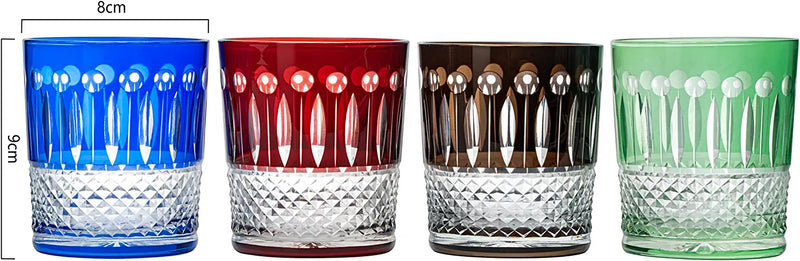 The Wine Savant Crystal Italian Multicolor Design Cups -Set of 4 Whiskey Glasses 8oz 3.5" H Bohemian Venetian Italian Style Red, Blue, Green, Black Glasses, for Dinner Parties, Bars & Weddings
