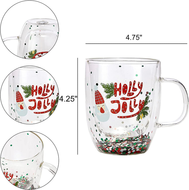 Set of 2 Holly Jolly Christmas Design Tumbler Mugs - Confetti Filled 9.5 oz Decorated Christmas Glass - Perfect for Wine, Eggnog, Cocoa, Holiday Parties & Festivities - 4.25" High, 9.5 oz Capacity