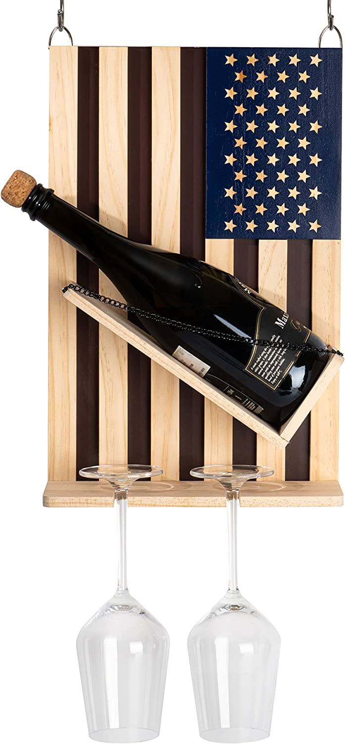 The Wine Savant American Flag Wall Mounted Wine Rack, Beautiful Wine & Bottle Holder & 2 Glasses Patriotic Home Decor - Storage Display Holder - Patriots, Veterans, Military 16" H - Gift Idea Gifts