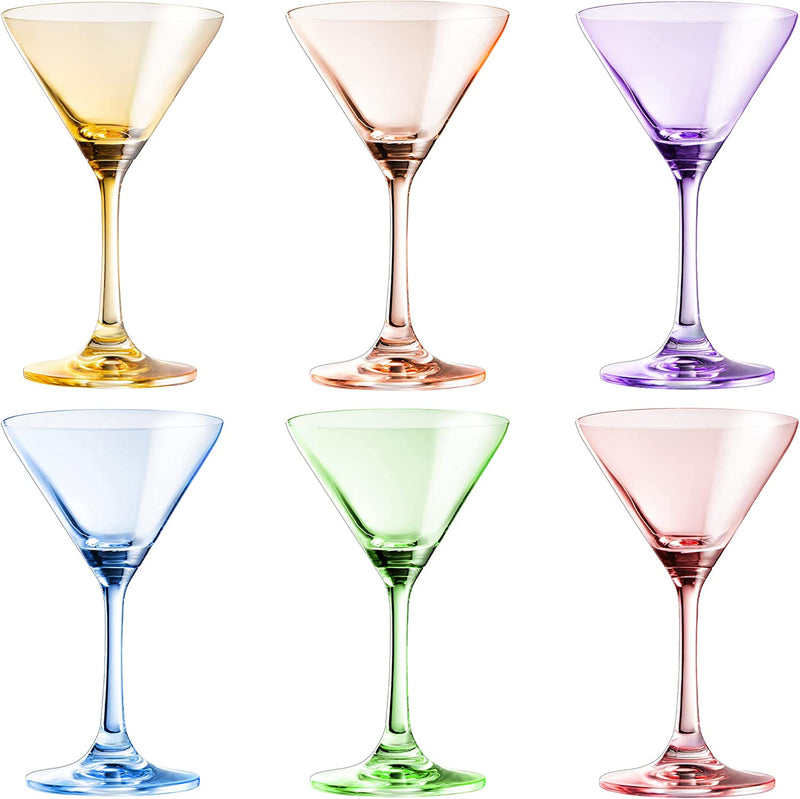 Martini Glasses Set of 6 | 8oz | Crystal Luxury Martini Glass - Elegant Colors - Premium Hand-Blown | Art Deco Cocktail Colored Coupes For Manhattan, Cosmopolitan, Sidecar, Speakeasy - Stemmed Goblets