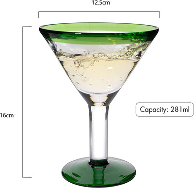Mexican Hand Blown Martini & Margarita Glasses - Green Rim Detailed - Set of 4-10oz - Carmen Cinco de Mayo - Luxury Mexican Glassware Thick, Juice & Cocktail For Holidays & Celebration Confetti
