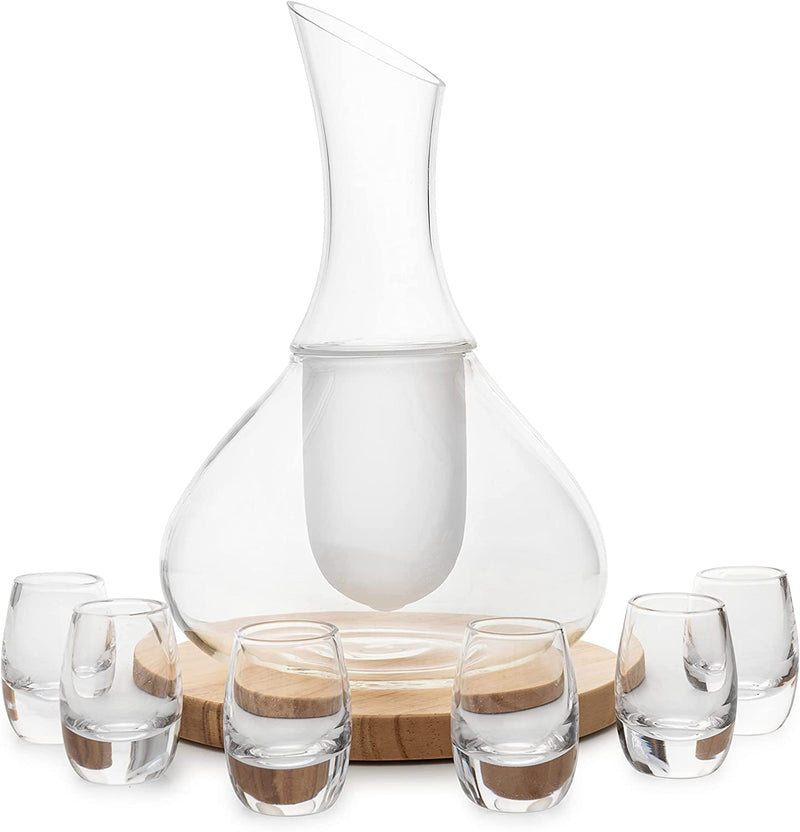 Sake Set Glasses Japanese, 15 Ounce, With 6-1oz Crystal Saki Cups Set, for Warmer or Cold Japanese Wine Drinking with a Wooden Stone Coaster by The Wine Savant, Cups & Carafe Japanese Gifts Set