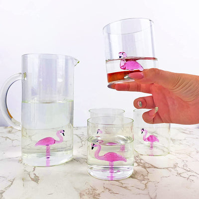 The Wine Savant Flamingo Pitcher & 4 Glasses Set Decanter with 4 Pink Flamingo Glasses 9oz Elegant Glass Set, Great for Water Iced Tea, Sangria, Lemonade, and More! 1300ml 9" H, Cute!