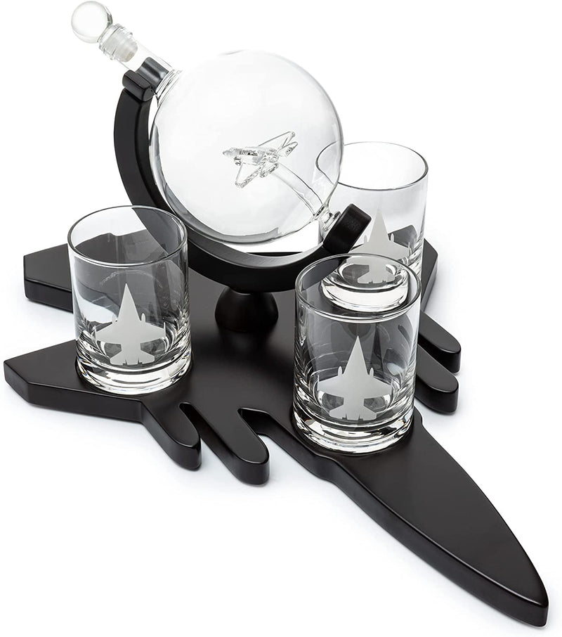 Fighter Jet Wine & Whiskey Decanter Set F16, F15, F18, F22 with 3 Glasses by The Wine Savant - Bourbon, Scotch, Vodka, Pilot, Aviation Gifts, Airplane Figurine, Military Veteran Gifts, Airplane Gifts