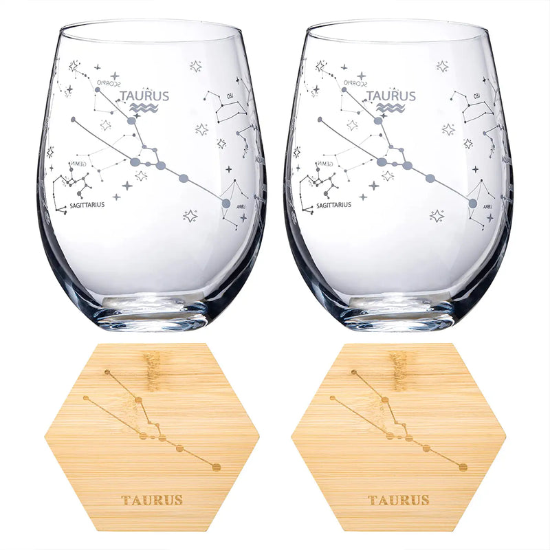 Set of 2 Zodiac Sign Wine Glasses with 2 Wooden Coasters by The Wine Savant - Astrology Drinking Glass Set with Etched Constellation Tumblers for Juice, Water Home Bar Horoscope Gifts 18oz (Taurus)