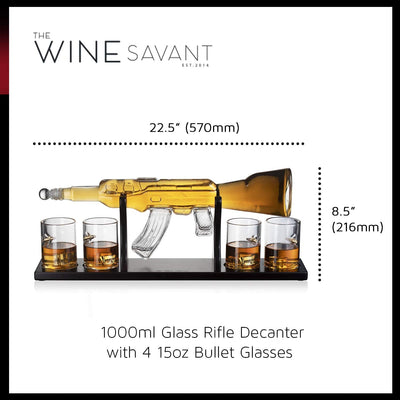 (EU ONLY) Wine Savant Dekanter-Set, Bullet-Gläser, limitierte Auflage, elegantes Gewehre, Whiskey-Dekanter, 57,1 cm, 1000 ml, mit 4 Bullet-Whiskey-Gläsern und Sockel aus Mahagoni-Holz