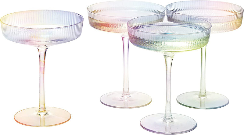 Ribbed Coupe Cocktail Glasses 8 oz | Set of 4 | Classic Manhattan Glasses For Cocktails, Champagne Coupe, Ripple Coupe Glasses, Art Deco Gatsby Vintage, Crystal with Stems (Iridescent)
