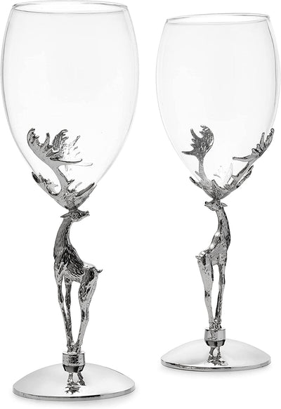 Stag Antler Set of 2 Wine Glasses 9"H by The Wine Savant, Elegant Wine Glasses Set for any Home Bar - Luxury Glass Stag Deer Figurine Wine Glasses, Stag Lover Gifts, Nature Lover Gifts (Wine)