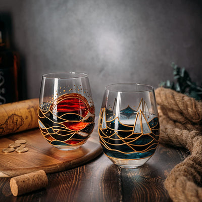 Artisanal Hand Painted Sunrise Glasses, Stemless Set of 2 Wine, Water & Whiskey Glasses - The Wine Savant - Crystal Tumblers - Gift Idea for Her, Him, Birthday, Housewarming - Large Goblets (18.5 OZ)