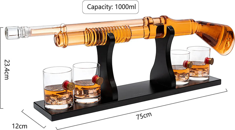 Shotgun Whiskey Decanter Set - Limited Edition - 800 ml & 4 12oz Bullet Glasses - Unique Gift - Drinking Party Accessory, Handmade Gun Liquor Decanter, Tik Tok Gun Decanter Gifts for Dad
