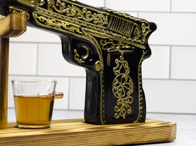 Hand Painted Pistol Whiskey & Wine Decanter by The Wine Savant - Pistol Whiskey Gun Decanter & 2 Bullet Shot Glasses - Military Gifts, Veteran Gifts, Law Enforcement Gifts, Home Bar Gifts, Drinking