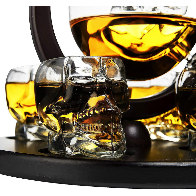 Large Skull Decanter 4 Glasses - Beautiful Wooden Base - By The Wine Savant Use Skull Head Cup For A Whiskey, and Vodka Shot Glass, 25 Ounce Decanter 4 Ounces Shot Glass