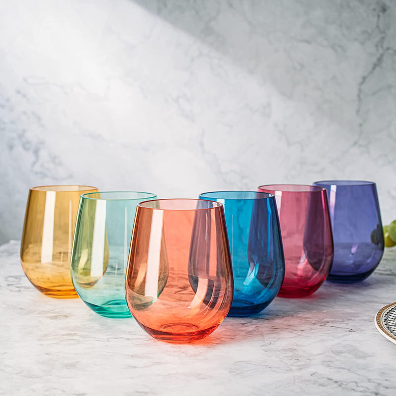 BENETI Premium Stemless Wine Glass | 18oz European Made Colored Stemless Wine Glasses Set 6 | Crystal Glass Durable Drinking Cups for Parties, Great