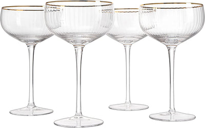 Coupe Cocktail Glasses 7 oz, Set of 4 Classic Manhattan Glasses For Cocktails, Libbey Champagne Coupe, Classic Coupe Glasses with Gold Rim, Crystal with Stems Wine Savant