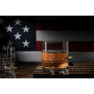 2nd Amendment American Flag Bullet Glasses .308 Real Solid Copper Projectile, Set of 4 Hand Blown Old Fashioned Whiskey Rocks Glasses, Wood Flag Tray with Patriots Gun Rights Law & Military Gift Set