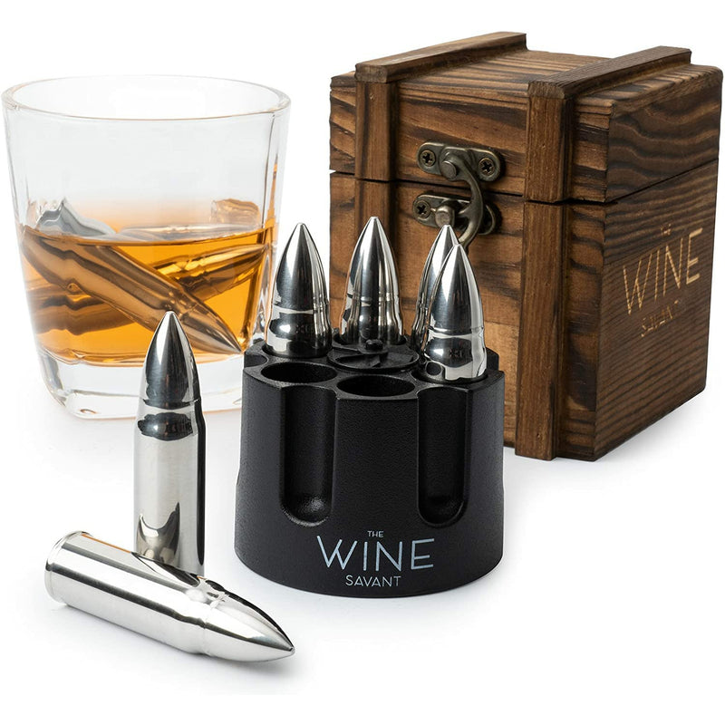 Whiskey Stones Bullets Stainless Steel with Wooden Gift Box - 1.75in Bullet Chillers Set of 6 Inside Realistic Revolver - Made with Premium Stainless Steel, Large Whiskey Chillers Rocks (Silver)