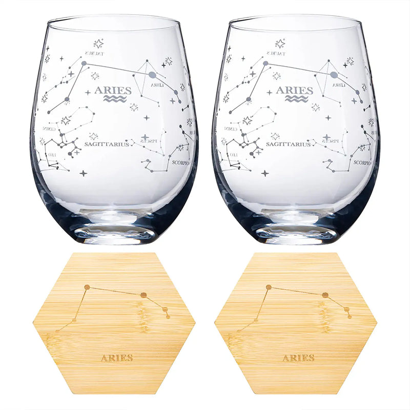 Set of 2 Zodiac Sign Wine Glasses with 2 Wooden Coasters by The Wine Savant - Astrology Drinking Glass Set with Etched Constellation Tumblers for Juice, Water Home Bar Horoscope Gifts 18oz (Aries)
