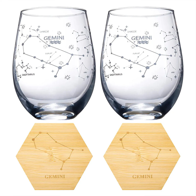 Set of 2 Zodiac Sign Wine Glasses with 2 Wooden Coasters by The Wine Savant - Astrology Drinking Glass Set with Etched Constellation Tumblers for Juice, Water Home Bar Horoscope Gifts 18oz (Gemini)