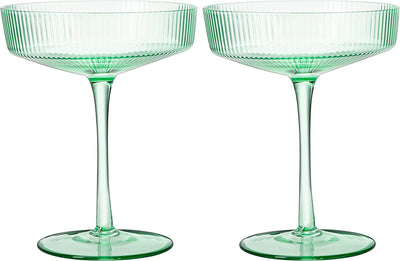 Ribbed Coupe Cocktail Glasses 8 oz | Set of 2 | Classic Manhattan Glasses For Cocktails, Champagne Coupe, Ripple Coupe Glasses, Art Deco Gatsby Vintage, Crystal with Stems (Green, Set of 2)