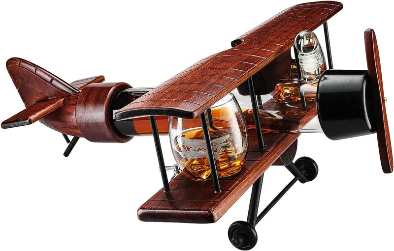 (EU ONLY) Whiskey-Dekanter-Set und Gläser, antikes Holz-Flugzeug – The Wine Savant Whiskey Geschenkset und 2 Flugzeuggläser, Pilotengeschenk mit beweglichen Teilen, alkoholbezogenes Geschenk, groß, 53.3 cm