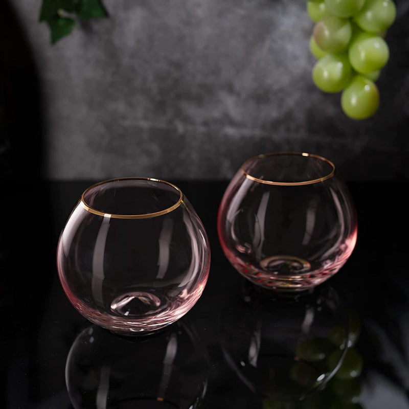 The Wine Savant Colored Blush Pink & Gilded Rim Wine Glass, Large 18oz Glasses 2-Set Vibrant Color Vintage Tumblers for White & Red, Water, No Stem Glasses, Gift Idea (Stemless Wine glasses)