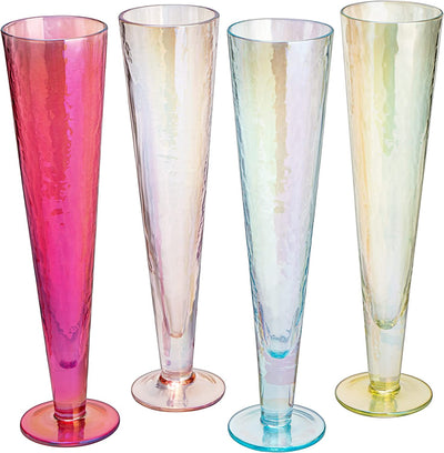 Champagne Flutes, Iridescent Crystal Glass, Holiday Iridescent Champagne Flutes - Set of 4 - 10" Stemmed Champagne Flute Romantic Toasting Colored Glasses, Mimosa Glassware, Weddings - 8 oz Capacity