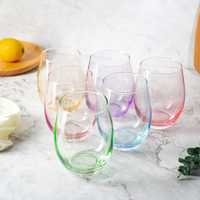 Colored Wine Glass Set, Large 12 oz Glasses Set of 6, Unique Italian Style Tall Stemless for White& Red Wine, Water, Margarita Glasses, Color Tumbler, Beautiful Glassware (Stemless)