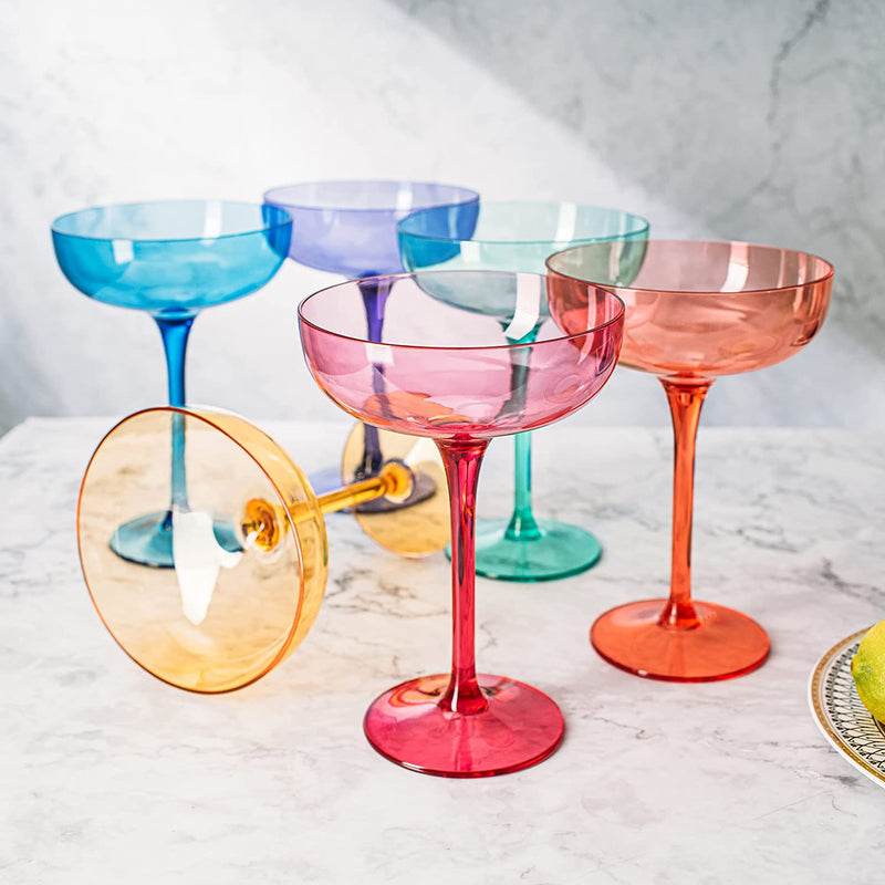 European Style Margarita & Martini Crystal Acrylic Glasses Tritan Drinkware Unbreakable Colored 6 Set - Shatterproof BPA-free Plastic , Reusable, Large 15oz , Indoor & Outdoor, Multiuse Or Disposable