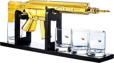 AR15 Gold Whiskey Decanter Set with 4 Bullet Whiskey Glasses - The Wine Savant, Gift for Fathers, Uncles, Sons - Veteran Gifts, Military Gift, Home Bar Gift, Father's Day