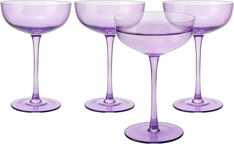 The Wine Savant Colored Coupe Glass | 7oz | Set of 4 Colorful Champagne & Cocktail Glasses, Fancy Manhattan, Crystal Martini, Cocktails Set, Margarita Bar Glassware Gift, Vintage (Lavender Purple)