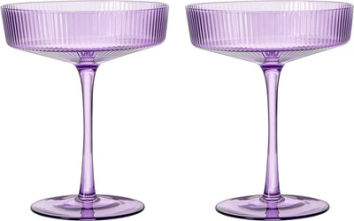 Ribbed Coupe Cocktail Glasses 8 oz | Set of 2 | Classic Manhattan Glasses For Cocktails, Champagne Coupe, Ripple Coupe Glasses, Art Deco Gatsby Vintage, Crystal with Stems (Lavender, Set of 2)
