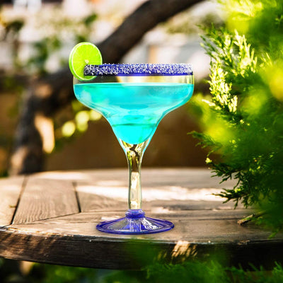 Mexican Hand Blown Glass – Set of 4 Large 16oz, Cobalt Blue Rim Line, Luxury Margarita & Cocktail Glasses, Mexico Design Large 16oz Cobalt Cinco de Mayo - The Wine Savant, Dishwasher Safe Glassware