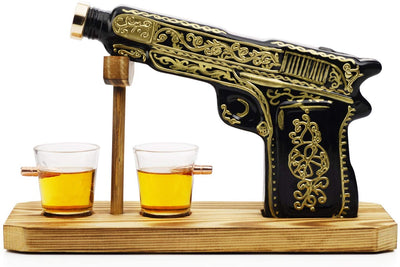 (UAE ONLY) Glass Hand Painted Pistol Whiskey Gun Decanter & Pistol Shot Glasses Set, With 2 Bullet Shot Glasses