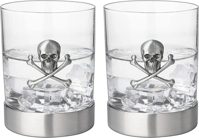 Skull & Skeleton Crossbones Pewter Whiskey & Wine Drinking Glasses - 11oz Set of 2 - Water, Rum, Brandy & Scotch Glass, Elegant, Skeleton Crystal Cup, Gifts for Men & Women, Old Fashioned Glass
