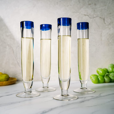 Tall Recycled Champagne Flutes - Set of 4 - Mexican Hand Blown Cobalt Blue Rim Flute – Luxury Mexican Thick Glassware 7oz, Juice & Cocktail Drinking Glass Holiday Celebration, Weddings, Anniversary