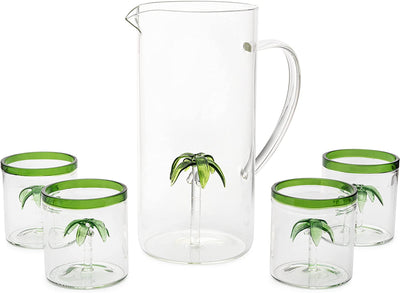 Palm Tree Pitcher & 4 Glasses Set Decanter with 4 Glasses 9oz by The Wine Savant - Elegant Glass Set, Great for Water Iced Tea, Sangria, Lemonade, and More! 1300ml 9" H