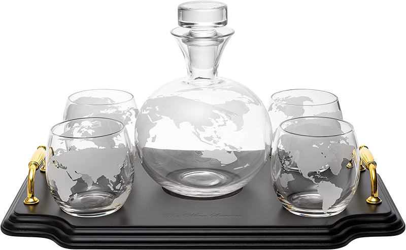 Etched World Map Globe Whiskey Decanter Set 750ml With 4 10oz Map Glasses 13" H x 13" L by The Wine Savant - Traveler Gifts, Home Bar, Whiskey Gifts, Cartography, Geography Gifts, Cosmopolitan Gifts