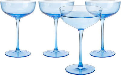 The Wine Savant Colored Coupe Glass | 7oz | Set of 4 Colorful Champagne & Cocktail Glasses, Fancy Manhattan, Crystal Martini, Cocktails Set, Margarita Bar Glassware Gift, Vintage (Blue)