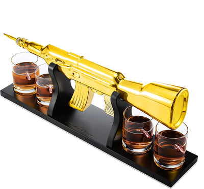 AK Gold Whiskey Decanter Set With 4 Bullet Whiskey Glasses - The Wine Savant, Gift For Fathers, Uncles, Sons - Veteran Gifts, Military Gift, Home Bar Gift, Father's Day