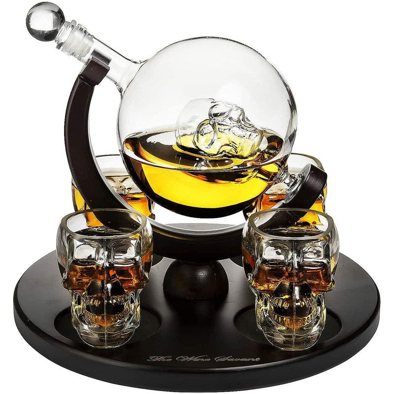 Large Skull Decanter 4 Glasses - Beautiful Wooden Base - By The Wine Savant Use Skull Head Cup For A Whiskey, and Vodka Shot Glass, 25 Ounce Decanter 4 Ounces Shot Glass
