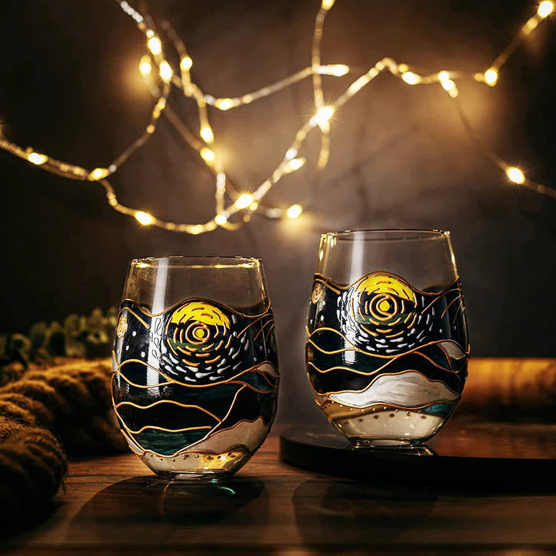 Vincent Van Gogh Wine Glasses Artisanal Hand Painted Stemless Set of 2 - The Wine Savant - 2 Set of Tumblers - Artistic Gift Idea for Her, Him, Birthday, Housewarming - Extra Large Goblets (18.5 OZ)