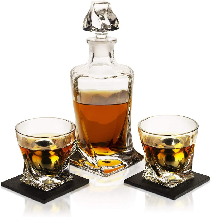 Whiskey Stones & Decanter Gift Set for Men & Women, By The Wine Savant, 2 XL Stainless Steel Whiskey Balls, 2 Twist Glasses, Whiskey Decanter, 2 Coasters, Freezer Pouch & Special Tongs in Pinewood Box