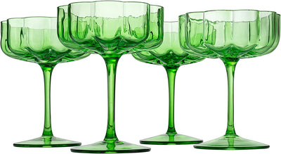 Flower Vintage Wavy Petals Wave Glass Coupes 7oz Colorful Cocktail, - Set of 4 - Rippled & Champagne Glasses, Prosecco, Martini, Mimosa, Cocktail Set, Bar Glassware Copyright & Patent Pending (Green)