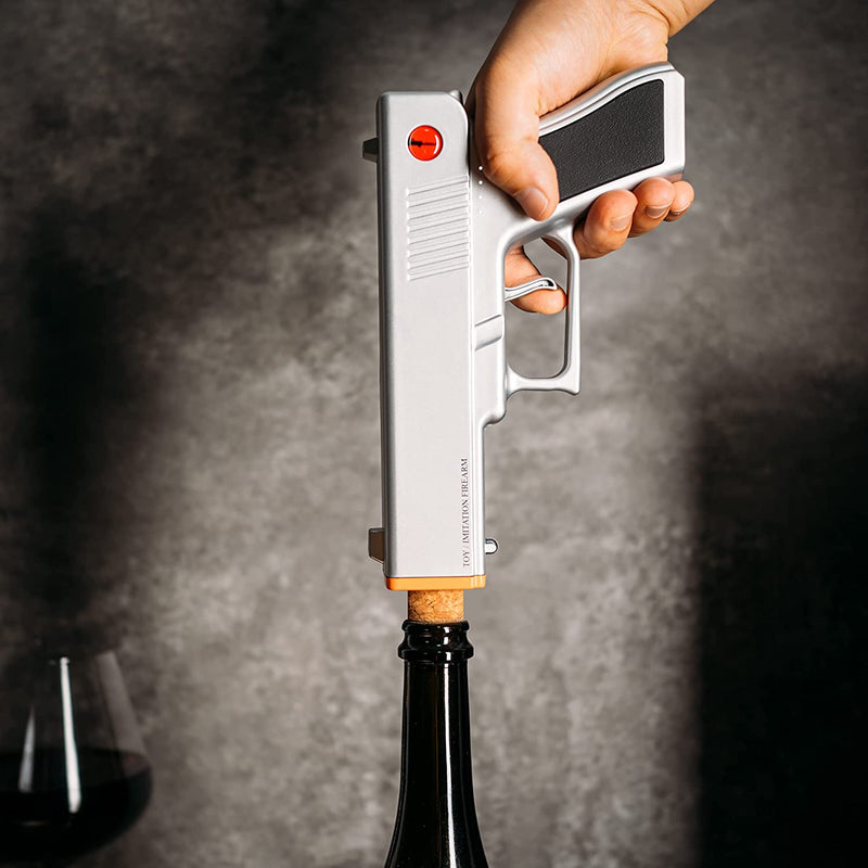 Electric Gun Wine Corkscrew Bottle Opener - Rechargeable Holster Base Cordless Battery - Automatically Open Wines Multifunctional Electronic Cork Puller - Guns Enthusiasts Gift & Vino Lovers (Silver)